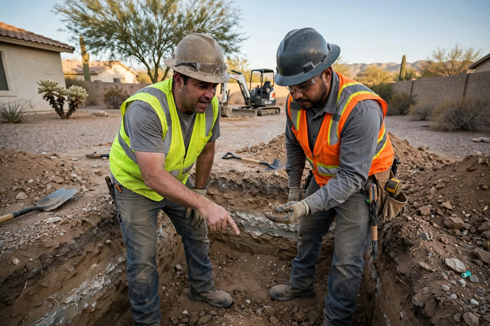 Excavation crew compacting backfill in a residential utility trench in Avondale, AZ